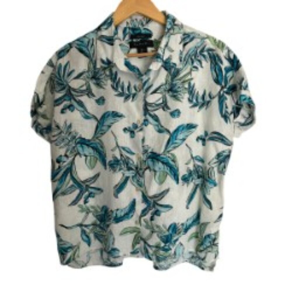 Tahari White Floral Linen Button Up Shirt Medium
